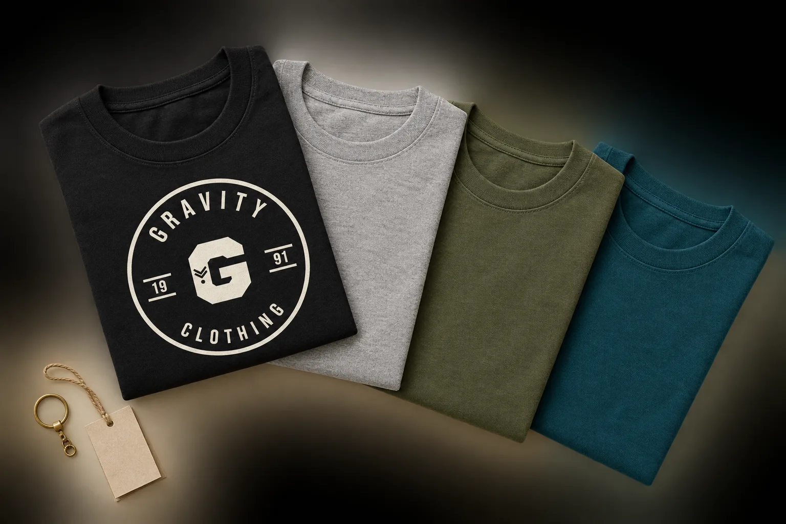 Folded Gravity tees in black, heather grey, olive and teal